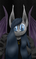 Size: 791x1280 | Tagged: safe, artist:darkhestur, imported from derpibooru, oc, oc:dark, anthro, bat pony, anthro oc, bat pony oc, black background, clothes, fangs, jacket, jewelry, leather, leather jacket, looking at you, pendant, selfie, simple background, smiling