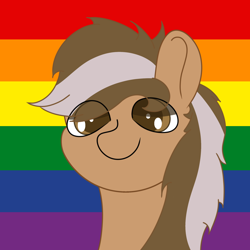 Size: 2048x2048 | Tagged: safe, artist:zugatti69, imported from derpibooru, oc, pegasus, pony, brown eyes, brown hair, brown mane, gay pride, gay pride flag, looking at you, pride, pride flag, pride month, rainbow flag, smiling, smiling at you, solo