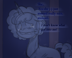 Size: 831x669 | Tagged: safe, anonymous artist, imported from derpibooru, pony, unicorn, series:misty pov, afro, alternate hairstyle, crying, emaciated, female, floppy ears, g5, implied opaline arcana, jewelry, mare, misty brightdawn, misty deserves better, necklace, ribs, skinny, thin