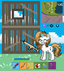 Size: 720x796 | Tagged: safe, artist:fluffymarsh, imported from derpibooru, oc, oc:fluffymarsh, llama, pony, unicorn, pony town, assault rifle, building, crossover, eyes closed, female, fn scar, fortnite, glowing, glowing horn, gun, health bars, horn, life bar, lightsaber, magic, mare, medkit, mini shield, minimap, pickaxe, pixel art, potion, rainbow smash, rifle, shotgun, silly, simple background, smiling, star wars, storm, telekinesis, this will end in a victory royale, weapon