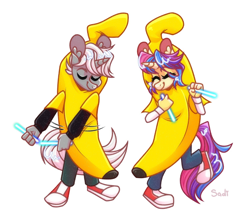 Size: 1500x1303 | Tagged: safe, artist:sadi, imported from derpibooru, oc, oc only, anthro, unicorn, banana, banana costume, clothes, costume, dancing, duo, food, food costume, fruit, fruit costume, glowstick, simple background, white background