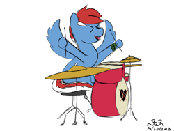 Size: 1600x1200 | Tagged: safe, artist:bifrose, imported from derpibooru, oc, oc only, oc:backbeat, pegasus, pony, ><, drum kit, drumming, drums, eyes closed, musical instrument, simple background, solo, white background