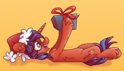 Size: 2100x1222 | Tagged: safe, artist:sadi, imported from derpibooru, oc, oc only, pegasus, pony, christmas, hat, holiday, lying down, on back, orange background, present, santa hat, simple background, solo