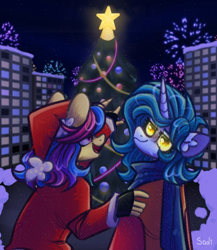 Size: 1878x2160 | Tagged: safe, artist:sadi, imported from derpibooru, oc, oc only, anthro, earth pony, unicorn, building, christmas, christmas tree, clothes, duo, holiday, scarf, snow, tree