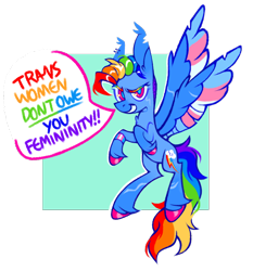 Size: 1042x1119 | Tagged: safe, artist:onionpwder, imported from derpibooru, rainbow dash, pegasus, pony, alternate hairstyle, comments locked down, ear piercing, earring, female, grin, jewelry, mare, mouthpiece, partially transparent background, piercing, positive message, pride, pride flag, redesign, smiling, solo, speech bubble, spread wings, trans female, transgender, transgender pride flag, unshorn fetlocks, wings, wristband