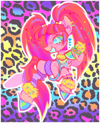 Size: 1173x1431 | Tagged: safe, artist:onionpwder, imported from derpibooru, pacific glow, earth pony, pony, bracelet, ear piercing, jewelry, leopard print, necklace, piercing, ponytails, rainbow colors, solo