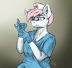 Size: 1737x1638 | Tagged: safe, artist:reddthebat, imported from derpibooru, nurse redheart, anthro, earth pony, breasts, cleavage, clothes, female, frown, gloves, gradient background, latex, latex gloves, looking at something, mare, scrubs (gear), solo, syringe