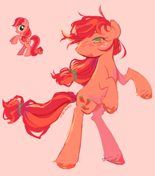 Size: 766x866 | Tagged: safe, artist:onionpwder, imported from derpibooru, pepperdance, earth pony, pony, freckles, pink background, rearing, reference used, simple background, solo, tied hair