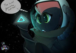 Size: 4299x3035 | Tagged: safe, artist:brainiac, imported from derpibooru, oc, oc:cinder blaze, pegasus, commission, female, mare, outer wilds, outer wilds spoilers, solo, spacesuit, spoilers for another series, text