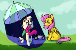 Size: 1280x848 | Tagged: safe, artist:cottageram, imported from derpibooru, fluttershy, pegasus, pony, crossover, deltarune, duo, flower, flower in hair, looking at each other, looking at someone, missing cutie mark, open mouth, open smile, parasol (umbrella), ralsei, sitting on person, smiling, smiling at each other