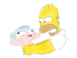 Size: 1376x1032 | Tagged: safe, anonymous artist, imported from derpibooru, cozy glow, human, pony, abuse, asphyxiation, crossover, duo, female, filly, foal, frown, funny face, homer simpson, human and pony, meme, simple background, strangling, the simpsons, tongue out, white background, why you little