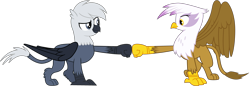 Size: 4620x1596 | Tagged: safe, artist:ponygamer2020, imported from derpibooru, gilda, oc, oc:grey, oc:grey the griffon, griffon, badass, duo, duo male and female, female, griffon oc, hoofbump, male, simple background, tail, transparent background, vector, wings