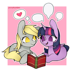 Size: 1000x1000 | Tagged: safe, artist:onionpwder, imported from derpibooru, derpy hooves, twilight sparkle, alicorn, pegasus, pony, book, crack shipping, cute, derpabetes, female, folded wings, g4, heart, horn, lesbian, lying down, mare, no pupils, open mouth, open smile, passepartout, prone, reading, shipping, signature, smiling, speech bubble, tail, talking, thought bubble, twerpy, twiabetes, twilight sparkle (alicorn), wings