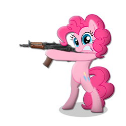 Size: 1920x1920 | Tagged: safe, imported from derpibooru, pinkie pie, earth pony, pony, aks-74u, bipedal, crazy face, faic, gun, rifle, simple background, solo, transparent background, weapon