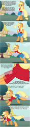 Size: 850x3593 | Tagged: safe, artist:flash equestria photography, imported from derpibooru, applejack, earth pony, semi-anthro, bipedal, breasts, chestbreasts, clothes, comic, implied apple bloom, quadrupedal, quadrupedal chest boobs, running, shirt