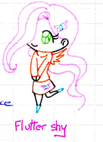 Size: 150x206 | Tagged: safe, artist:lovylovecristal, imported from derpibooru, fluttershy, human, chibi, cute, female, graph paper, hair over one eye, humanized, picture for breezies, shyabetes, smiling, solo, traditional art, winged humanization, wings