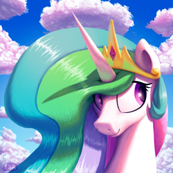 Size: 1500x1500 | Tagged: safe, artist:suhar, imported from derpibooru, princess celestia, alicorn, pony, bust, cloud, crown, female, horn, jewelry, mare, multicolored mane, regalia, sky, smiling, solo