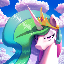 Size: 1500x1500 | Tagged: safe, alternate version, artist:suhar, imported from derpibooru, princess celestia, alicorn, pony, bedroom eyes, bust, cloud, crown, female, horn, jewelry, mare, multicolored mane, regalia, sky, smiling, solo