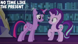 Size: 2000x1125 | Tagged: safe, edit, edited screencap, editor:quoterific, imported from derpibooru, screencap, starlight glimmer, twilight sparkle, alicorn, pony, unicorn, every little thing she does, duo, duo female, female, frown, grin, library, looking at each other, looking at someone, mare, raised hoof, smiling, sparkles, twilight sparkle (alicorn), twilight's castle, twilight's castle library