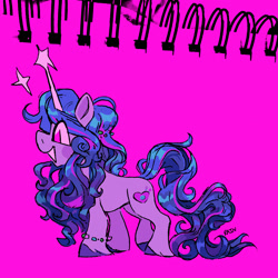 Size: 1800x1800 | Tagged: safe, artist:umbrellascribbles, imported from derpibooru, izzy moonbow, pony, unicorn, bracelet, color porn, concave belly, cute, full body, g5, izzybetes, jewelry, long mane, long tail, purple background, raised leg, simple background, smiling, solo, sparkles, standing, tail, unshorn fetlocks