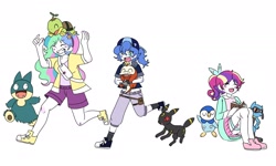 Size: 2048x1232 | Tagged: safe, artist:ruto_me, imported from derpibooru, princess cadance, princess celestia, princess luna, human, munchlax, piplup, riolu, turtwig, umbreon, converse, crossover, female, fuecoco, humanized, pokémon, shoes, simple background, trio, white background