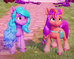 Size: 484x386 | Tagged: safe, imported from derpibooru, izzy moonbow, sunny starscout, earth pony, pony, unicorn, bag, bracelet, coat markings, duo, duo female, female, friendship bracelet, frown, g5, game screencap, gameloft, jewelry, mane stripe sunny, mare, my little pony: mane merge, saddle bag, socks (coat markings), unshorn fetlocks, worried