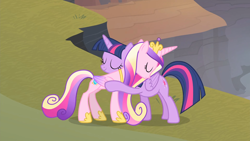 Size: 1920x1080 | Tagged: safe, imported from derpibooru, screencap, princess cadance, twilight sparkle, alicorn, pony, season 4, three's a crowd, 1080p, concave belly, crown, cute, cutedance, daaaaaaaaaaaw, duo, duo female, eyes closed, female, folded wings, hoof shoes, hug, jewelry, mare, outdoors, peytral, physique difference, princess shoes, regalia, sisters-in-law, slim, thin, twiabetes, twilight sparkle (alicorn), wings