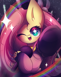 Size: 1850x2300 | Tagged: safe, artist:miryelis, imported from derpibooru, fluttershy, pegasus, pony, big ears, big eyes, clothes, cosplay, costume, crossover, cute, dress, impossibly large ears, long hair, microphone, oshi no ko, rainbow, raised hoof, shyabetes, smiling, solo, sparkles