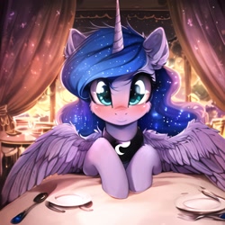 Size: 2560x2560 | Tagged: safe, imported from derpibooru, princess luna, alicorn, pony, ai content, ai generated, blushing, cute, date, female, generator:novelai, generator:stable diffusion, high res, horn, indoors, jewelry, looking at you, mare, offscreen character, pov, prompter:endless--, regalia, restaurant, sitting, smiling, smiling at you, solo, spread wings, table, wings