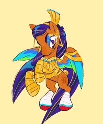 Size: 1493x1792 | Tagged: safe, artist:umbrellascribbles, imported from derpibooru, pony, cleo de nile, egyptian, egyptian pony, monster high, ponified, simple background, solo, yellow background