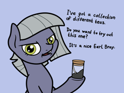 Size: 2048x1530 | Tagged: safe, artist:ewoudcponies, imported from derpibooru, limestone pie, earth pony, pony, blue background, female, food, jar, simple background, solo, tea
