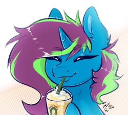 Size: 1298x1170 | Tagged: safe, artist:holomouse, imported from derpibooru, oc, oc only, unicorn, drinking, female, horn, simple background, solo, straw, unicorn oc, white background