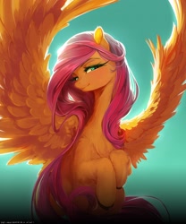 Size: 2020x2432 | Tagged: safe, artist:adoburuwawarrenyess, imported from derpibooru, fluttershy, pegasus, pony, backlighting, chest fluff, colored hooves, cute, female, gradient background, large wings, looking at you, mare, shyabetes, solo, spread wings, wings