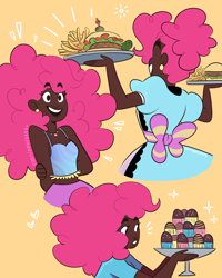 Size: 1200x1500 | Tagged: safe, artist:selena marchetti, imported from derpibooru, pinkie pie, human, burger, dark skin, female, food, french fries, hamburger, humanized, server pinkie pie, solo