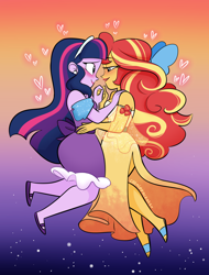 Size: 1140x1500 | Tagged: safe, artist:selena marchetti, imported from derpibooru, sunset shimmer, twilight sparkle, human, equestria girls, clothes, dress, female, gradient background, hand on shoulder, hand on waist, holding hands, lesbian, shipping, side slit, sunsetsparkle, twilight sparkle (alicorn)