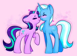 Size: 2048x1486 | Tagged: safe, artist:indigohatetrain, imported from derpibooru, starlight glimmer, trixie, pony, unicorn, blushing, boop, cute, duo, eyes closed, female, lesbian, noseboop, shipping, startrix