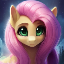 Size: 512x512 | Tagged: safe, imported from derpibooru, fluttershy, pegasus, pony, ai assisted, ai content, ai generated, big eyes, blushing, cute, ear fluff, forest, generator:purplesmart.ai, generator:stable diffusion, green eyes, night, pink hair, prompter:saltyvity, shyabetes, smiley face, smiling, solo, stars