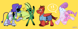 Size: 1800x675 | Tagged: safe, artist:umbrellascribbles, imported from derpibooru, breezie, crystal pony, hippogriff, pony, robot, robot pony, karen, mr. krabs, pearl krabs, plankton, ponified, simple background, spongebob squarepants, yellow background
