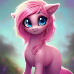 Size: 512x512 | Tagged: safe, imported from derpibooru, pinkie pie, earth pony, pony, ai content, ai generated, alternate hairstyle, big eyes, blue eyes, blushing, ear fluff, floppy ears, flower, generator:purplesmart.ai, generator:stable diffusion, outdoors, pink hair, pinkamena diane pie, prompter:saltyvity, sky, smiley face, smiling, solo, sparkles