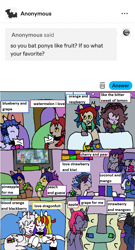 Size: 1163x2147 | Tagged: safe, artist:ask-luciavampire, imported from derpibooru, oc, bat pony, pony, undead, vampire, vampony, ask, bat pony oc, fruit, multiple heads, tumblr, two heads