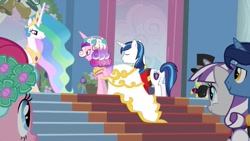 Size: 1405x793 | Tagged: safe, imported from derpibooru, screencap, night light, pinkie pie, princess cadance, princess celestia, shining armor, spike, twilight velvet, alicorn, dragon, earth pony, pony, unicorn, a canterlot wedding, alternate hairstyle, bride, bridesmaid, butt, canterlot, canterlot castle, clothes, cute, dress, female, floral head wreath, flower, flower in hair, force field, gown, groom, hat, male, mare, marriage, plot, ring bearer, sash, smiling, stallion, steps, suit, this day aria, top hat, tuxedo, wedding, wedding dress, wedding veil