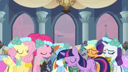 Size: 1395x788 | Tagged: safe, imported from derpibooru, screencap, applejack, fluttershy, pinkie pie, rainbow dash, rarity, twilight sparkle, earth pony, pegasus, pony, unicorn, a canterlot wedding, background pony, bridesmaid, bridesmaid dress, canterlot, canterlot castle, clothes, dress, eyes closed, flag, floral head wreath, flower, flower in hair, force field, gown, royal wedding, unicorn twilight