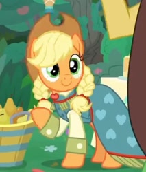 Size: 424x498 | Tagged: safe, imported from derpibooru, screencap, applejack, earth pony, pony, the big mac question, alternate hairstyle, braid, clothes, cropped, cute, dress, female, formal wear, gown, happy, jackabetes, mare, solo, sweet apple acres