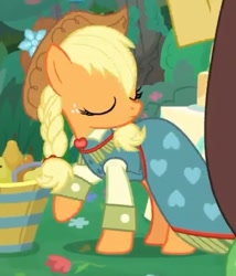 Size: 418x489 | Tagged: safe, imported from derpibooru, screencap, applejack, earth pony, pony, the big mac question, alternate hairstyle, braid, clothes, cropped, cute, dress, eyes closed, female, formal wear, gown, jackabetes, mare, solo, sweet apple acres, turned head