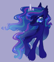 Size: 713x818 | Tagged: safe, artist:onionpwder, imported from derpibooru, princess luna, alicorn, pony, alternate color palette, big eyes, crown, folded wings, jewelry, purple background, regalia, simple background, solo, wavy mane, wings