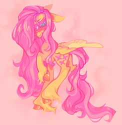 Size: 970x992 | Tagged: safe, artist:onionpwder, imported from derpibooru, fluttershy, pegasus, pony, alternate hairstyle, blushing, cloven hooves, cute, female, hair over one eye, mare, pink background, raised hoof, raised leg, shyabetes, simple background, solo, unshorn fetlocks