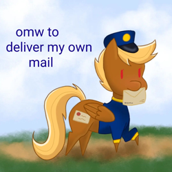 Size: 1080x1080 | Tagged: safe, artist:daily.shitfuck, imported from derpibooru, pegasus, pony, blonde, clothes, female, folded wings, hat, letter, mare, mouth hold, pointy ponies, red eyes, signature, solo, swift reply, text, uniform, wings