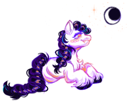 Size: 1280x1046 | Tagged: safe, artist:onionpwder, imported from derpibooru, earth pony, pony, batty boo, black mane, colored hooves, crescent moon, fangs, moon, orange eyes, simple background, stars, unshorn fetlocks, white background, white coat