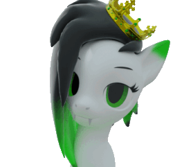 Size: 561x540 | Tagged: safe, artist:lithus, imported from derpibooru, oc, oc only, oc:lithus, pony, 3d, animated, blender, blender cycles, blinking, crown, fangs, floppy ears, gradient ears, gradient mane, green eyes, green mane, jewelry, looking at you, regalia, simple background, smiling, smiling at you, solo, sway, transparent background, white body