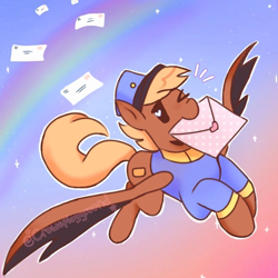 Size: 900x900 | Tagged: safe, artist:crowsplayground, imported from derpibooru, pegasus, pony, blonde, clothes, female, flying, gradient background, hat, heart, letter, mail, mare, mouth hold, one eye closed, rainbow, signature, solo, spread wings, swift reply, uniform, wings, wink